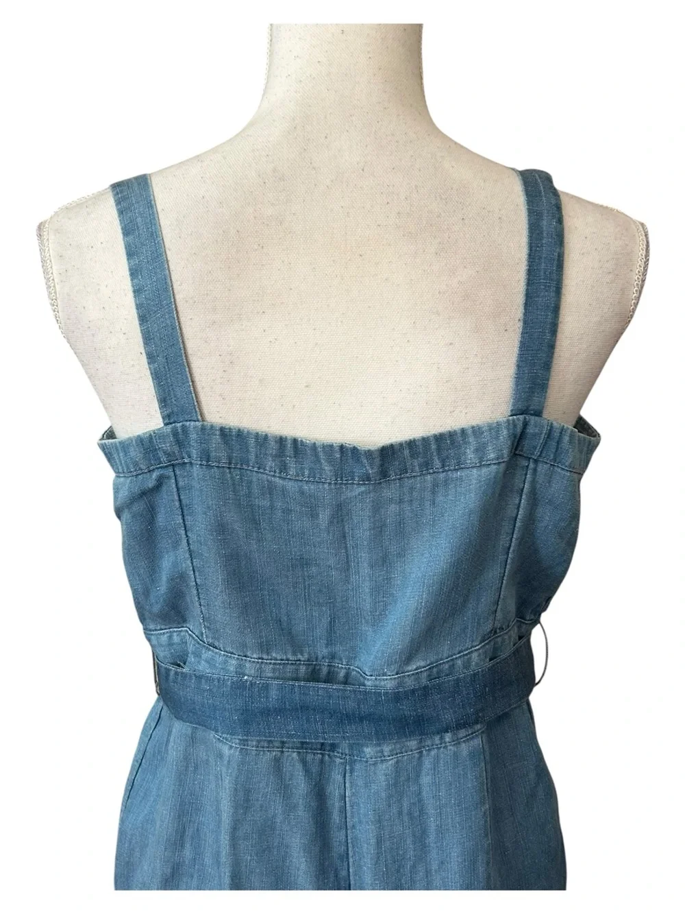 LOFT Belted Sleeveless Wide Leg Chambray Strappy Jumpsuit Women’s SZ 2 in blue